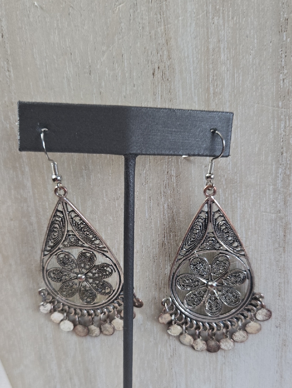 Silvertone  Filligree Floral Teardrop Dangle Earrings  2.5 Inches